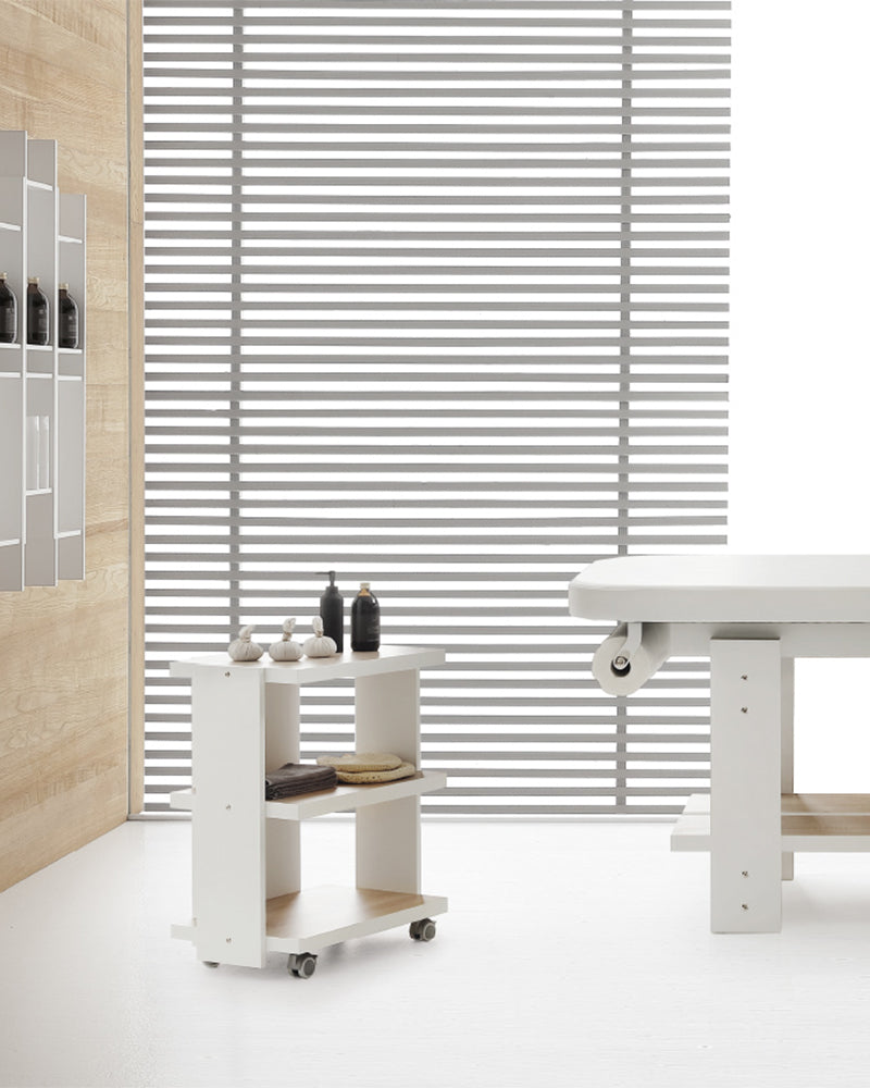 Living - White rolling table with shelves in oak pattern