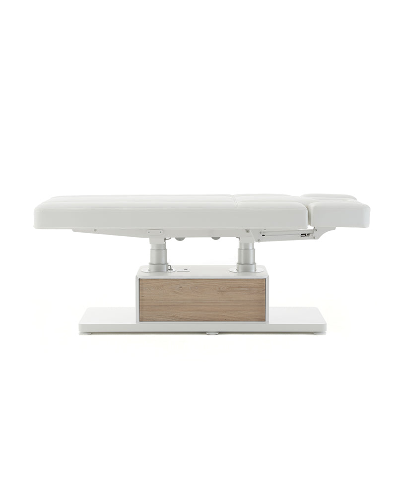 The Clair - White massage table with oak pattern details - with motor - with adjustable armrests